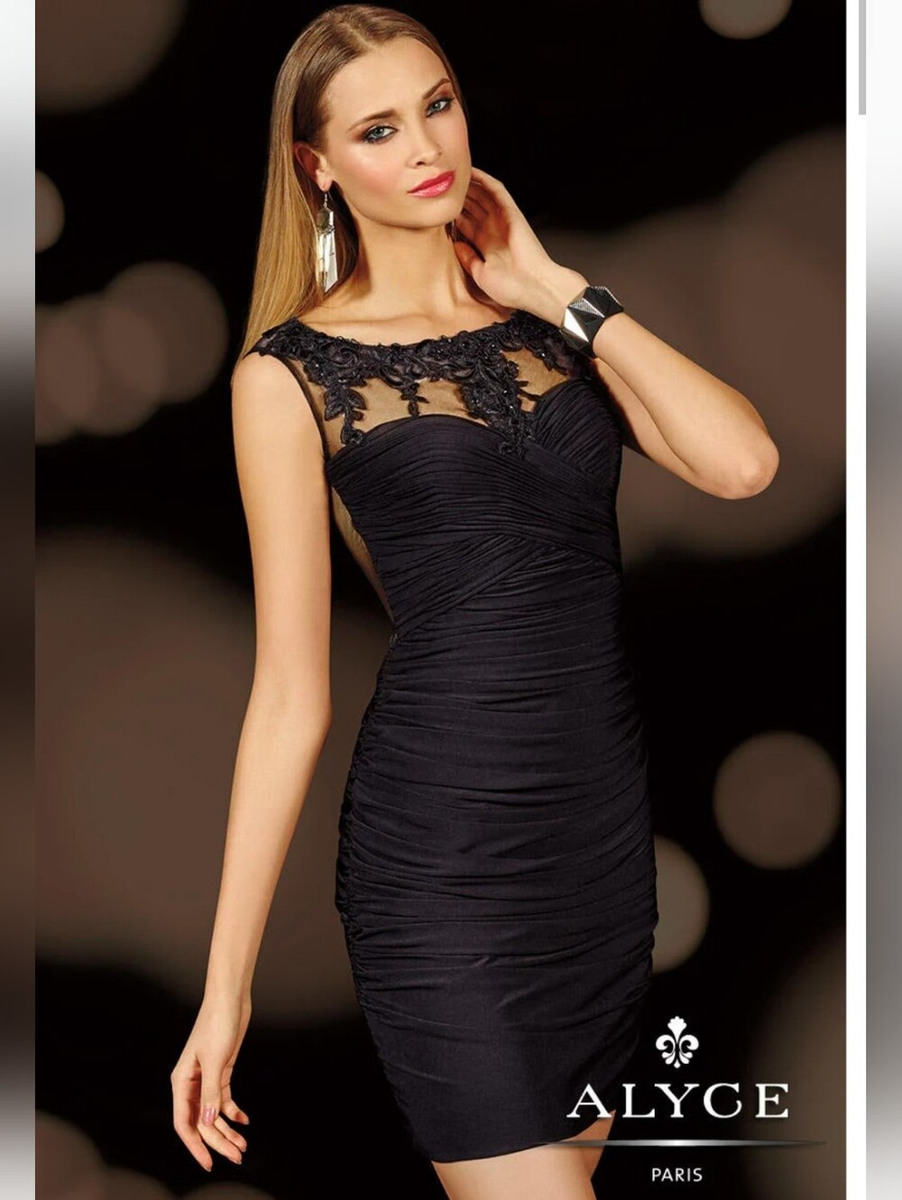 Size 10-12 black beaded illusion neck/back super ruched jersey bodycon by Alyce